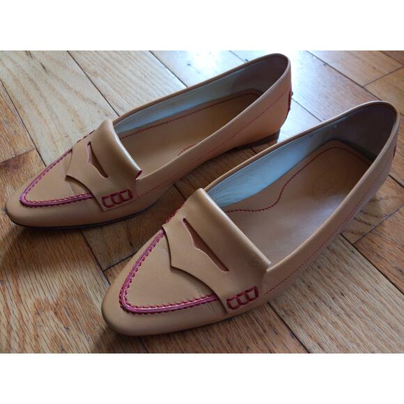 Tod's Tan Leather Driving Loafers Red Stitching Made Italy Size 5 Luxury - Picture 1 of 11